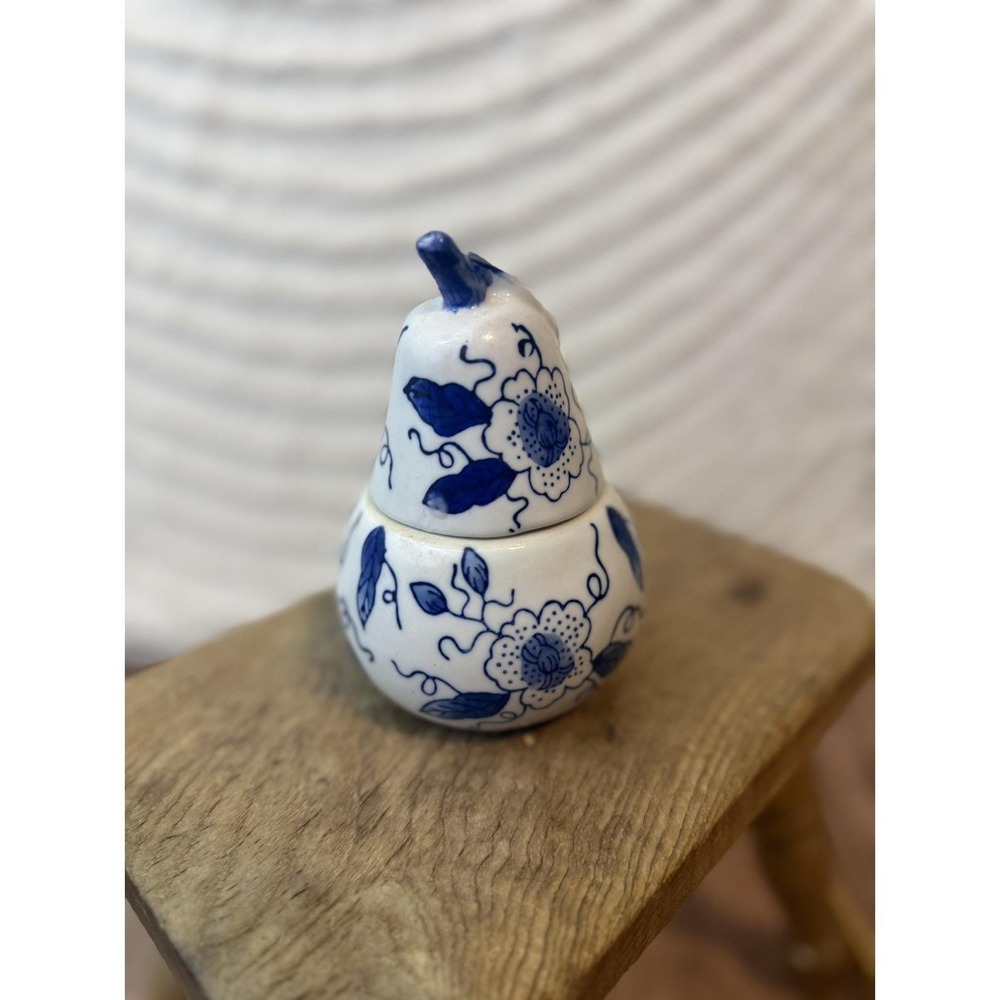 Vintage Bombay Ceramic Pear Candle Holder Blue and White Two Piece 5 Inch